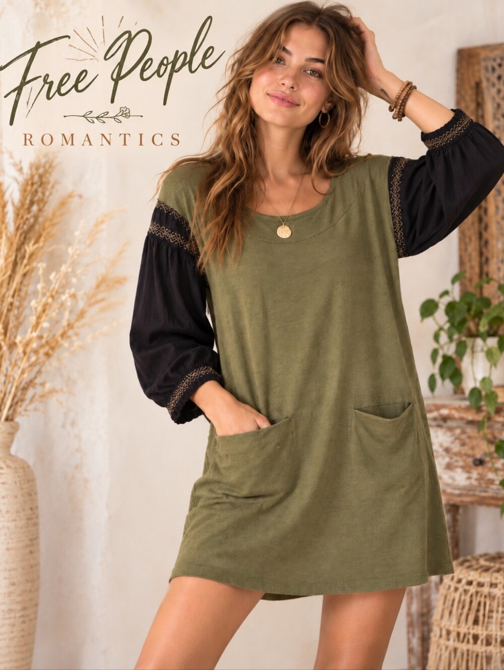 Free People New Romantics Neo Mod Shift Dress Olive Black Boho